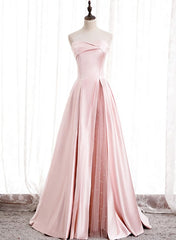 Pink Satin Long Party Dress Outfits For Women with Pearls, Floor Length Party Dres Wedding Party Dress