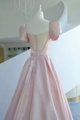 Pink Satin Long Prom Dress Outfits For Girls, A-Line Evening Dress Outfits For Women with Bow