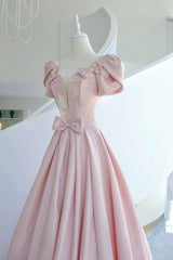 Pink Satin Long Prom Dress Outfits For Girls, A-Line Evening Dress Outfits For Women with Bow