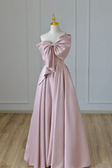 Pink Satin Long Prom Dress Outfits For Women with Bow, One Shoulder Formal Evening Dress