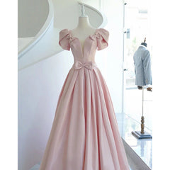Pink Satin Long Short Sleeves Prom Dress Outfits For Women Party Dress Outfits For Girls, Pink Formal Dress Outfits For Women Wedding Party Dress