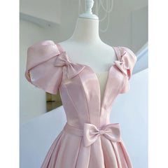 Pink Satin Long Short Sleeves Prom Dress Outfits For Women Party Dress Outfits For Girls, Pink Formal Dress Outfits For Women Wedding Party Dress