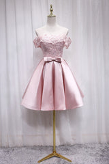 Pink Satin Off Shoulder Lace Top Homecoming Dress Outfits For Girls, Pink Gradaution Dresses