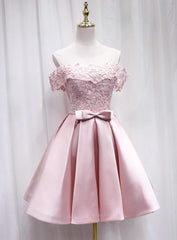 Pink Satin Off Shoulder Lace Top Homecoming Dress Outfits For Girls, Pink Gradaution Dresses
