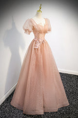 Pink Short Sleeves Tulle Party Dress Outfits For Girls, A-line Flower Lace Prom Dress