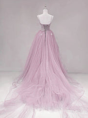 Pink Straps Tulle Chic Long Party Dress Outfits For Women Formal Dress Outfits For Girls, Pink A-line Prom Dress