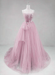 Pink Straps Tulle Chic Long Party Dress Outfits For Women Formal Dress Outfits For Girls, Pink A-line Prom Dress