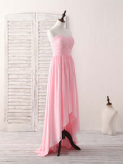 Pink Sweetheart Neck Chiffon High Low Prom Dress Outfits For Girls, Bridesmaid Dress