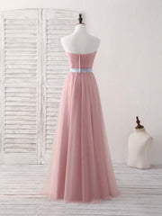 Pink Sweetheart Neck Tulle Long Prom Dress Outfits For Girls, Aline Pink Bridesmaid Dress