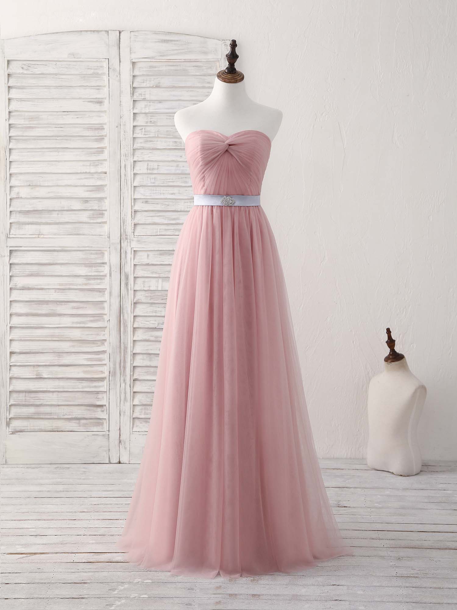 Pink Sweetheart Neck Tulle Long Prom Dress Outfits For Girls, Aline Pink Bridesmaid Dress