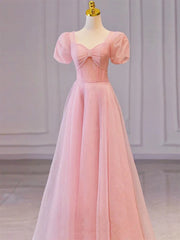 Pink Sweetheart Short Sleeves Long A-line Prom Dress Outfits For Girls, Pink Evening Gowns