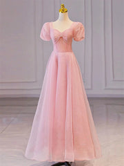 Pink Sweetheart Short Sleeves Long A-line Prom Dress Outfits For Girls, Pink Evening Gowns