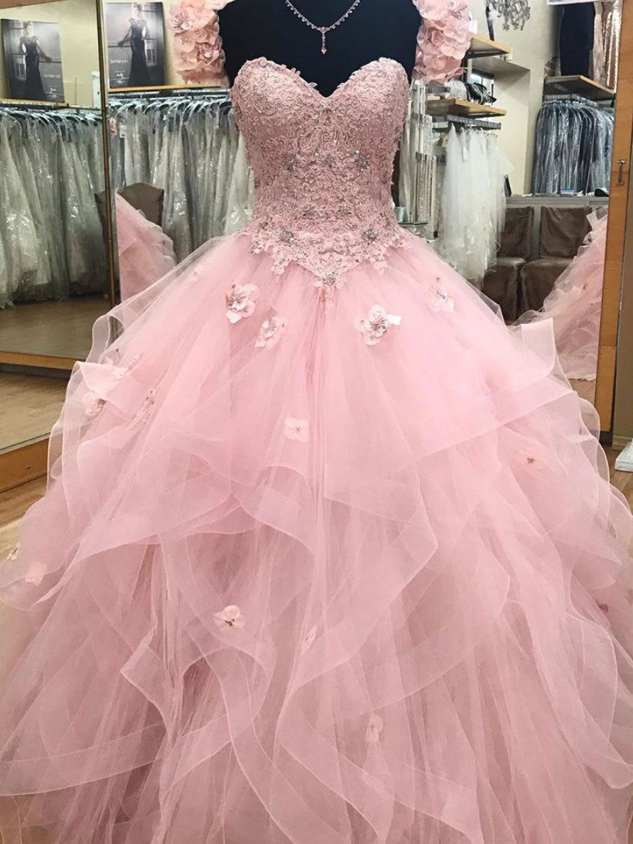 Pink Sweetheart Tulle Long Prom Dress Outfits For Girls,Ball Gown sweet 16 Dresses For Black girls For Women,Princess Quinceanera Dresses