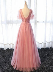Pink Tulle A-line Long Party Dress Outfits For Girls, Pink Bridesmaid Dress