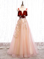 Pink Tulle and Velvet Long Lace Applique Straps Floor Length Party Dress Outfits For Girls, A-line Long Pink Prom Dress