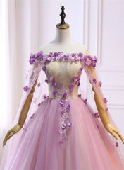 Pink Tulle Ball Gown Flowers Long Sweet 16 Dress Outfits For Girls, Pink Tulle Formal Dress