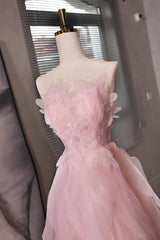 Pink Tulle Beaded Low Back Short Party Dress Outfits For Girls, Pink Tulle Homecoming Dress