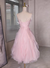Pink Tulle Beaded Low Back Short Party Dress Outfits For Girls, Pink Tulle Homecoming Dress