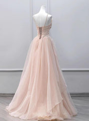 Pink Tulle Beaded Straps Long Prom Dress Outfits For Girls, A-line Pink Tulle Party Dress