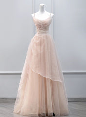 Pink Tulle Beaded Straps Long Prom Dress Outfits For Girls, A-line Pink Tulle Party Dress