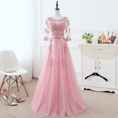 Pink Tulle Elegant Party Dress Outfits For Women with Lace, Pink A-line Formal Dress Outfits For Women Bridesmaid Dress