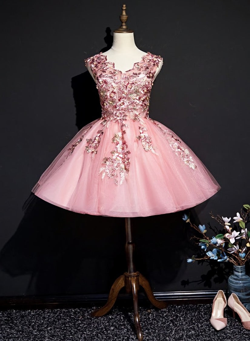 Pink Tulle Flowers Homecoming Dress Outfits For Girls, Short Pink Teen Formal Dress