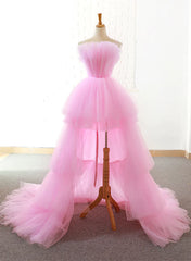 Pink Tulle High Low Layers Homecoming Dress Outfits For Girls, Pink Evening Dresses