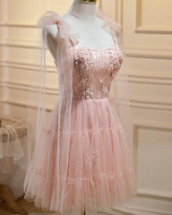 Pink Tulle Lace and Flowers Short Homecoming Dress Outfits For Girls, Cute Pink Party Dress