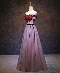 Pink Tulle Lace Applique Long Prom Dress Outfits For Girls, Burgundy Lace Evening Dress