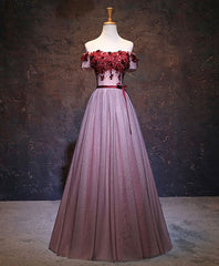 Pink Tulle Lace Applique Long Prom Dress Outfits For Girls, Burgundy Lace Evening Dress