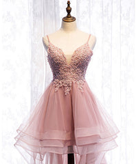 Pink Tulle Lace High Low Prom Dress Outfits For Girls, Pink Homecoming Dress