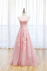 Pink Tulle Lace Long Prom Dress Outfits For Girls, Lovely A-Line Open Back Evening Dress