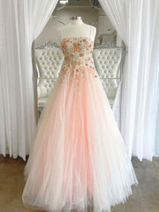 Pink tulle lace long prom Dress Outfits For Girls, pink lace long evening dress