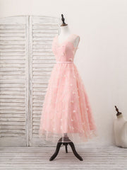 Pink Tulle Lace Tea Length Prom Dress Outfits For Girls, Pink Homecoming Dress