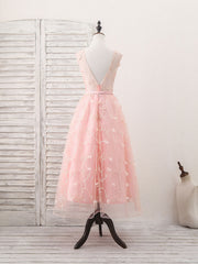 Pink Tulle Lace Tea Length Prom Dress Outfits For Girls, Pink Homecoming Dress