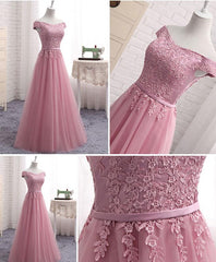 Pink Tulle Long Party Dress Outfits For Women , Cute Off Shoulder Bridesmaid Dresses