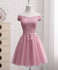 Pink Tulle Long Party Dress Outfits For Women , Cute Off Shoulder Bridesmaid Dresses
