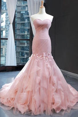 Pink Tulle Prom Dresses For Black girls Sweetheart Mermaid Long Formal Dress Outfits For Women with Ruffles,Wedding Party Dresses