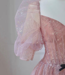 Pink Tulle Puffy Sleeves Long Prom Dress Outfits For Girls, Pink A-line Evening Dresses