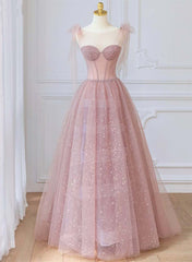 Pink Tulle Round Neckline A-line Party Dress Outfits For Girls, Pink Floor Length Evening Dress