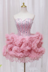 Pink Tulle Short Homecoming Dress Outfits For Women with Rhinestones, Cute Party Dress