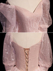 Pink Tulle Short Sleeves Ball Gown Long Formal Dresses For Black girls For Women, Pink Evening Dresses