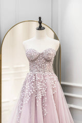 Pink Tulle Sweetheart Long Party Dress Outfits For Girls, A-Line Prom Dress