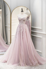 Pink Tulle Sweetheart Long Party Dress Outfits For Girls, A-Line Prom Dress