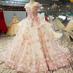 Pink Tulle with Flowers and Beaded Long Party Dress Outfits For Girls, Pink Sweet 16 Gown