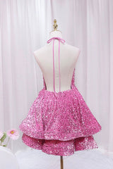 Pink V-Neck Sequins Short Prom Dress Outfits For Girls, Pink A-Line Backless Party Dress