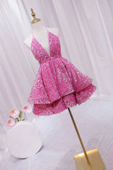 Pink V-Neck Sequins Short Prom Dress Outfits For Girls, Pink A-Line Backless Party Dress