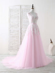 Pink V Neck Tulle Lace Applique Long Prom Dress Outfits For Women Pink Evening Dress