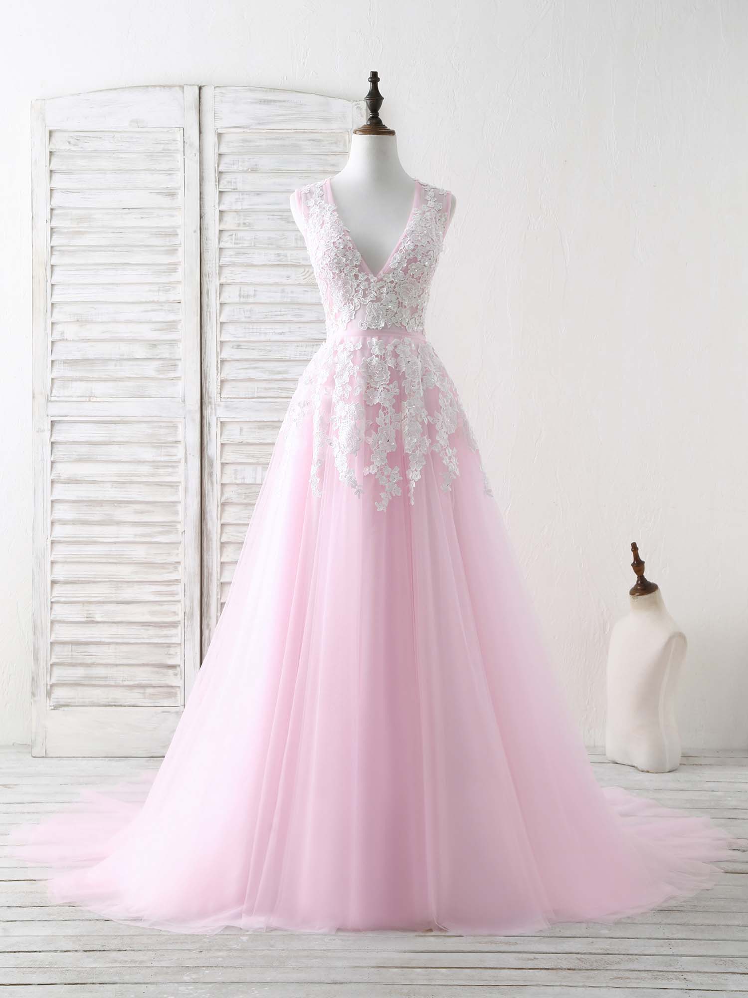 Pink V Neck Tulle Lace Applique Long Prom Dress Outfits For Women Pink Evening Dress
