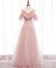 Pink v neck tulle lace long prom Dress Outfits For Women pink bridesmaid dress
